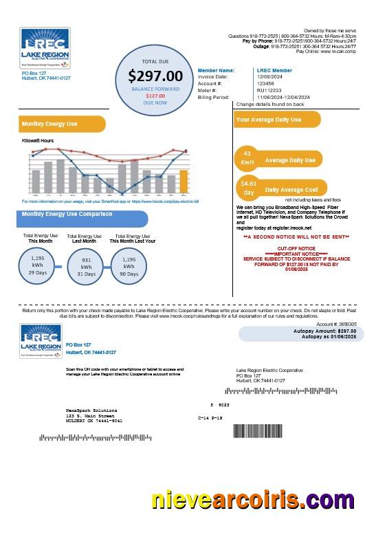 USA Oklahoma LREC Lake Region business utility bill